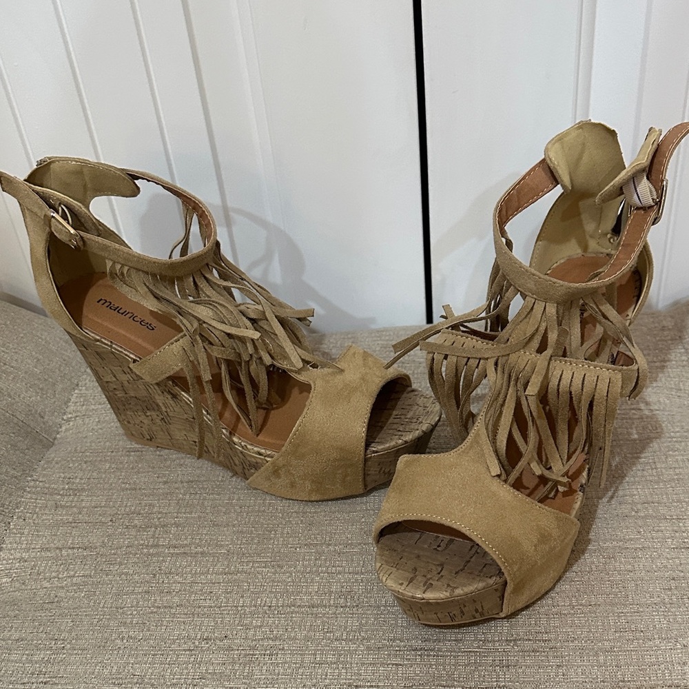 Maurices Tan Fringe Wedge Sandals